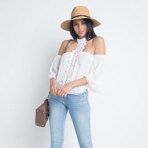 Women's High Neck Long Sleeve Crochet Top